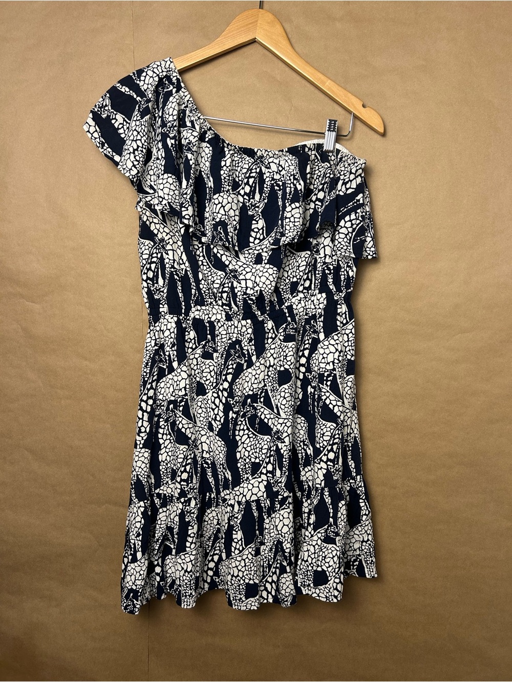 Crown & Ivy Giraffe Print One Shoulder Ruffle Dress Navy White M